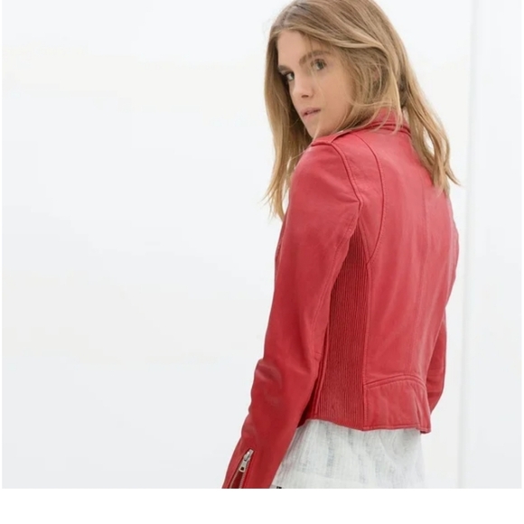 ZARA TRAFALUC Red Moto faux leather jacket. Size XL - Picture 6 of 16